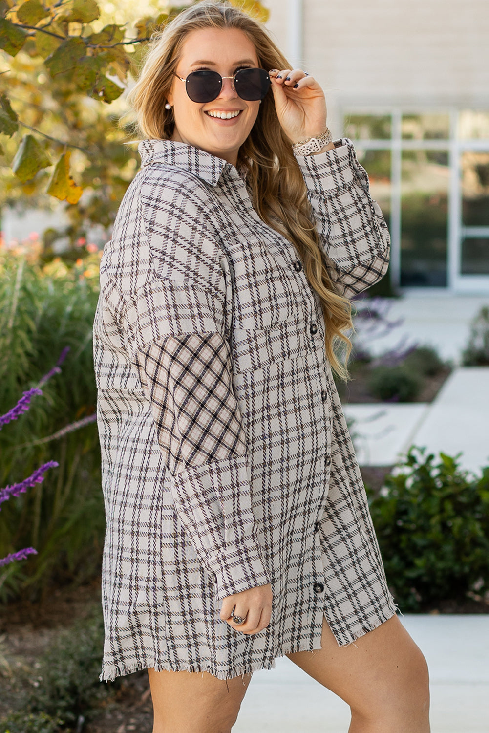 Plus Size Plaid Buttoned Raw Hem Tunic Shirt Dress