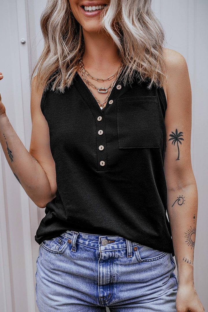 Half Button V Neck Patched Pocket Tank Top