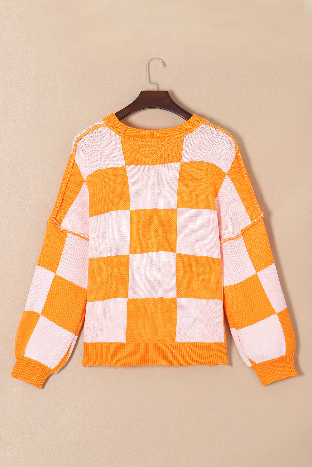 Orange Checkered Bishop Sleeve Sweater