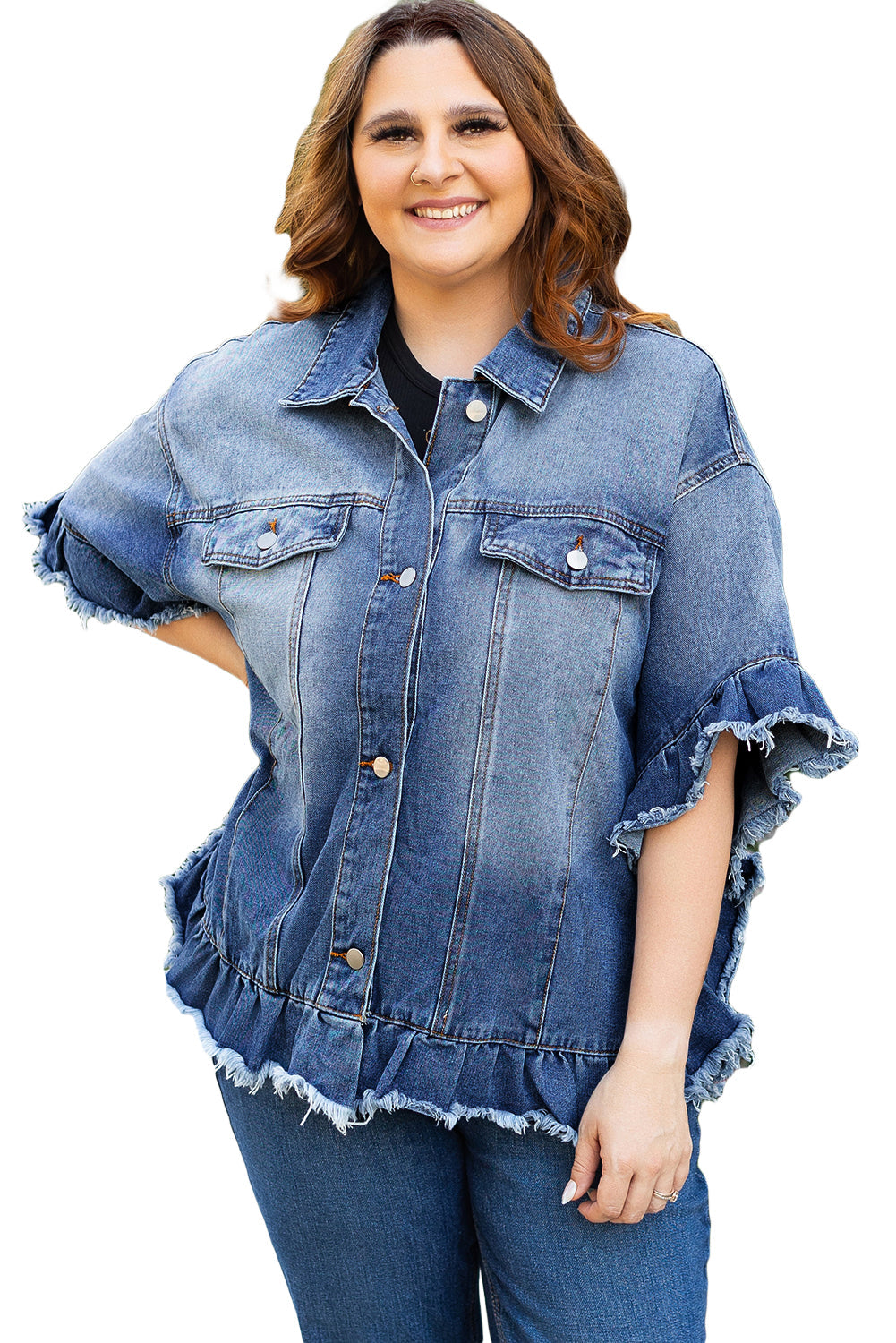 Ruffled Frayed Short Sleeve Plus Size Denim Jacket