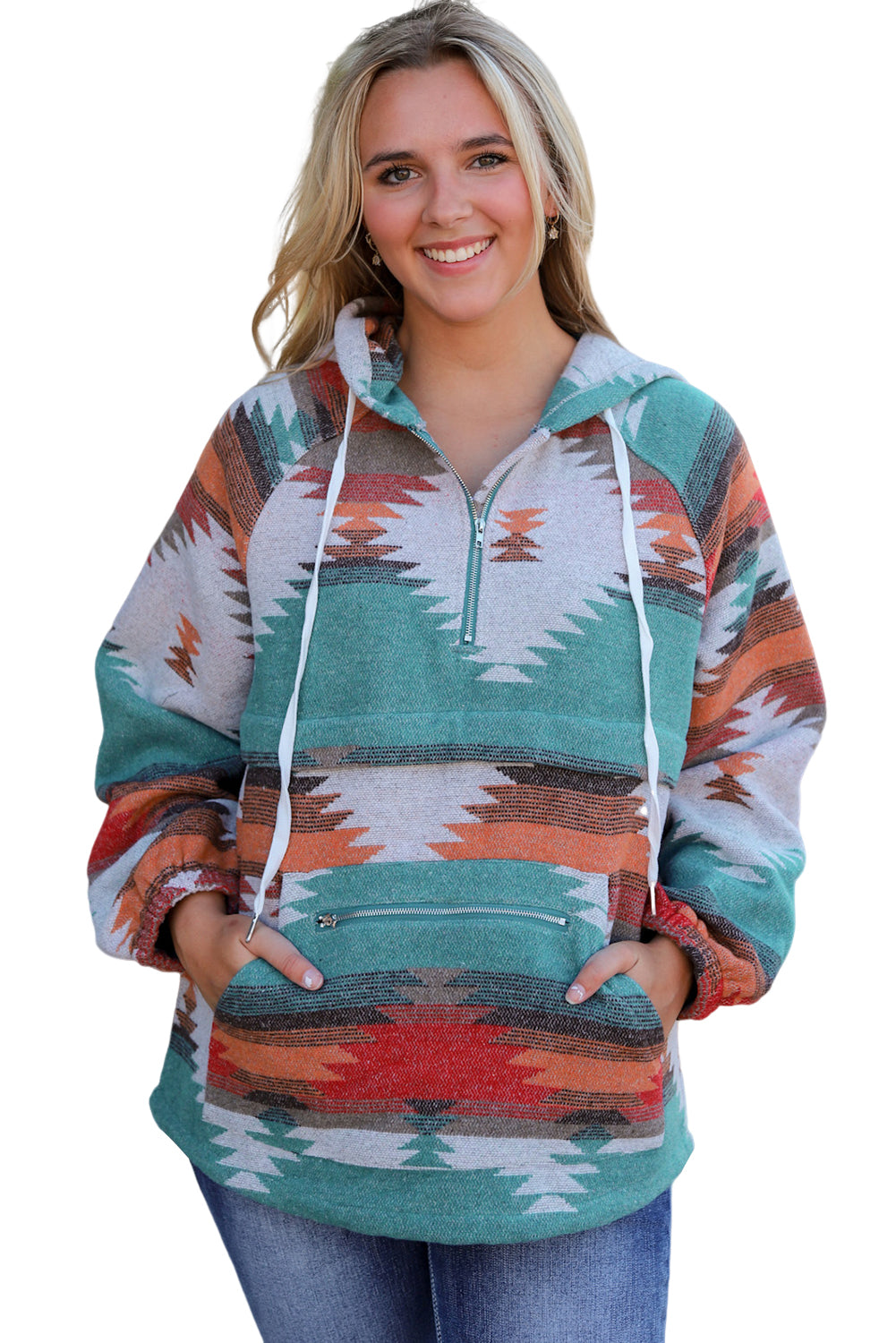 Aztec Print Zipped Split Neck Hoodie