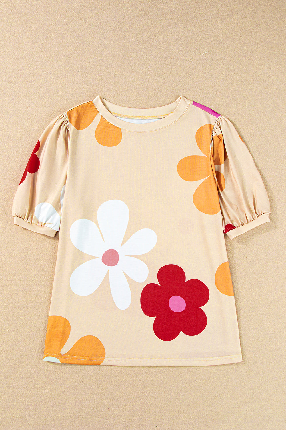 Apricot Flower Print Bubble Sleeve Tee