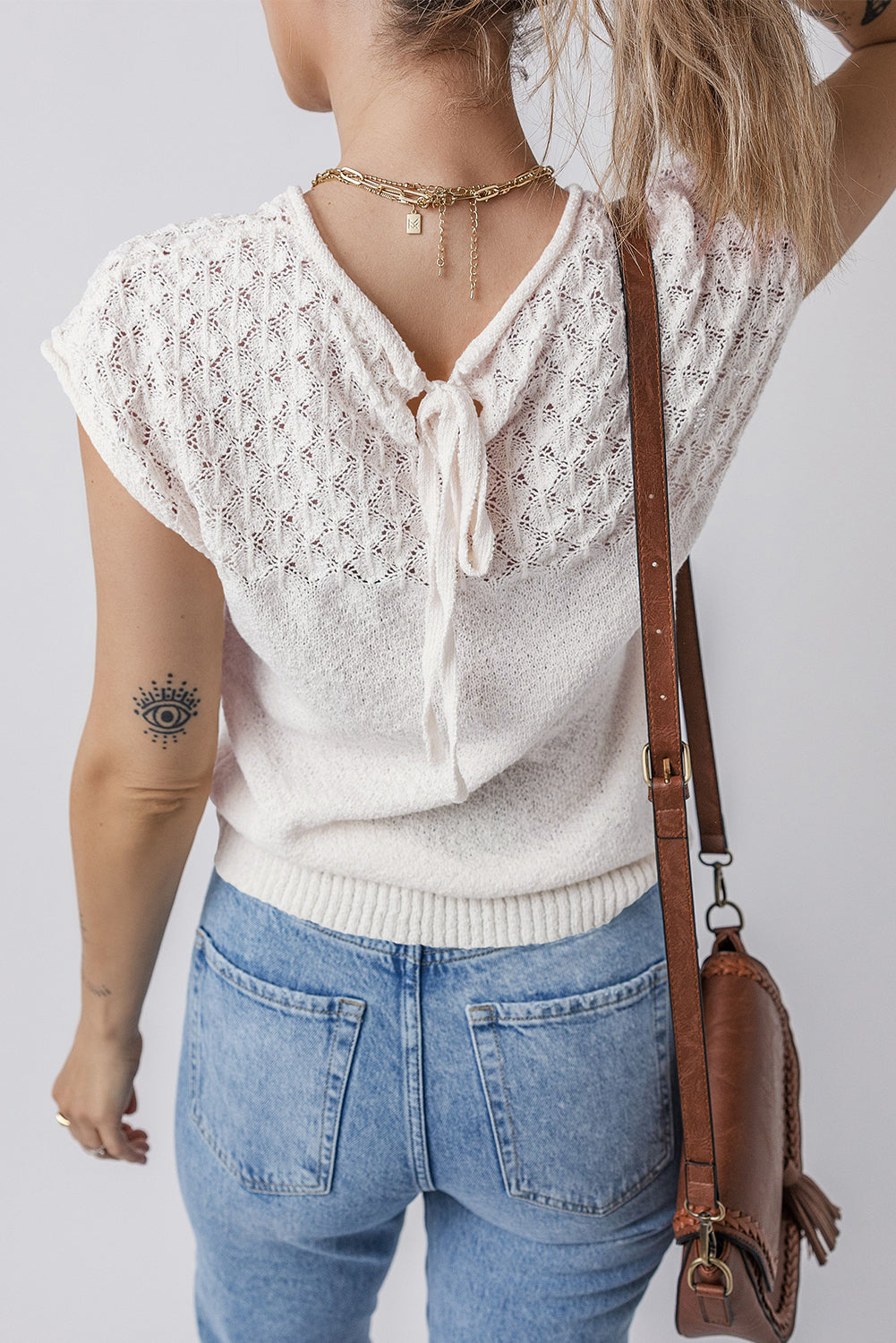 Eyelet Knit Tied Back Short Sleeve Sweater