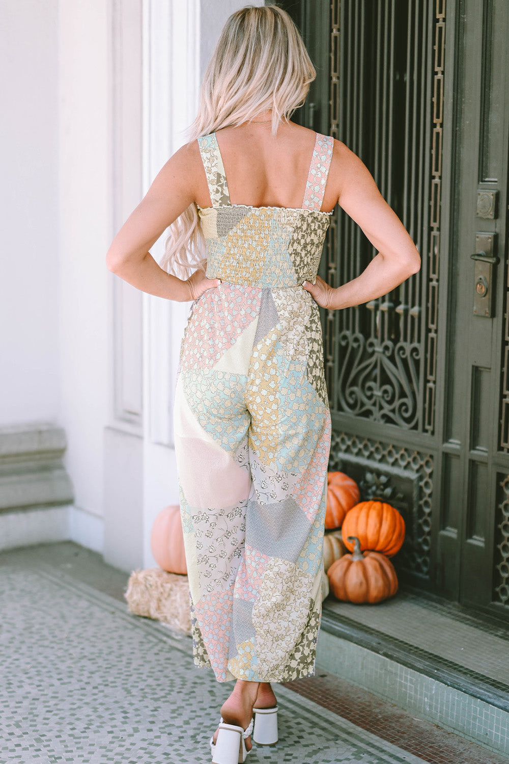 Irregular Patchwork Print Smocked Wide Leg Jumpsuit