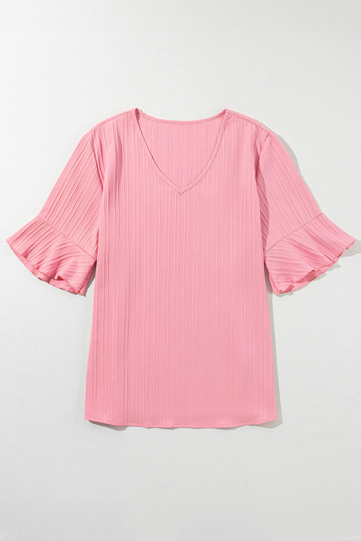 Ruffled Half Sleeve V Neck Textured Plus Top