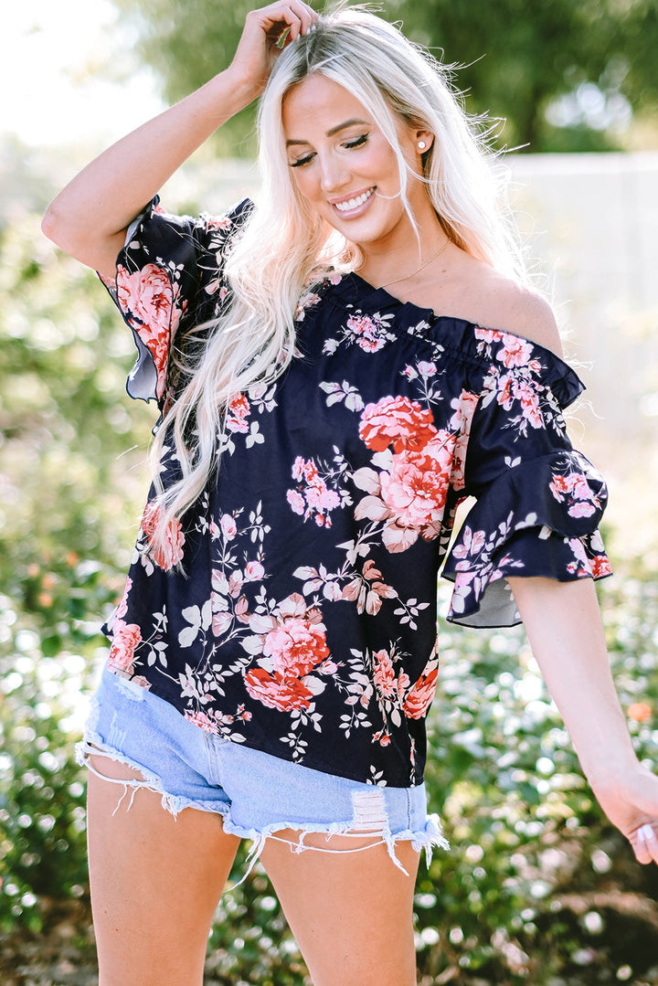 Ruffle Off Shoulder Flounce Sleeve Floral Blouse