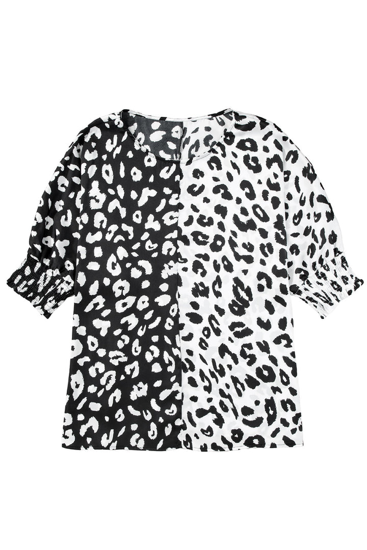 Plus Size Contrast Leopard Half Sleeve Blouse