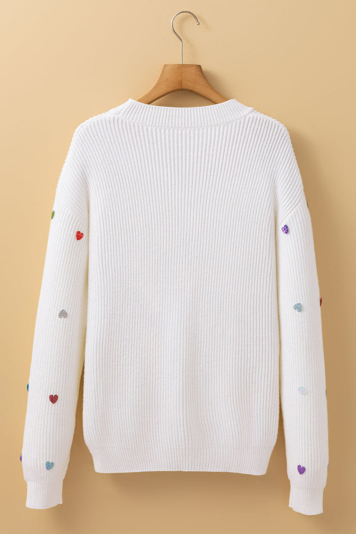 Sequin Heart Shape Waffle Knit Round Neck Sweater