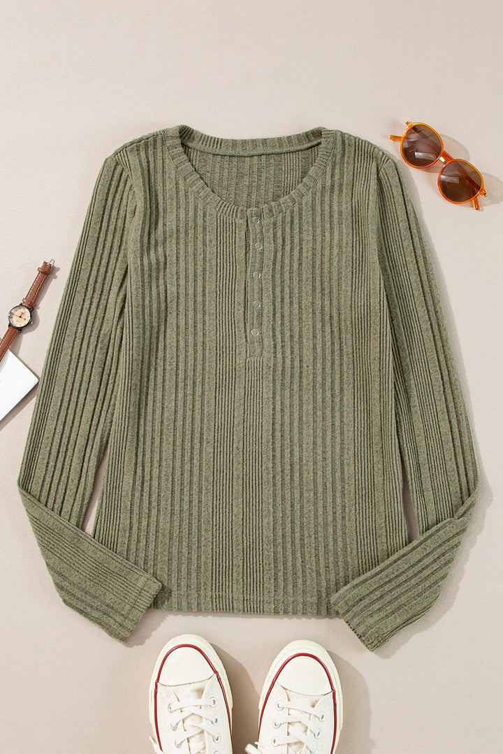 Ribbed Knit Half Button Slim Fit Blouse