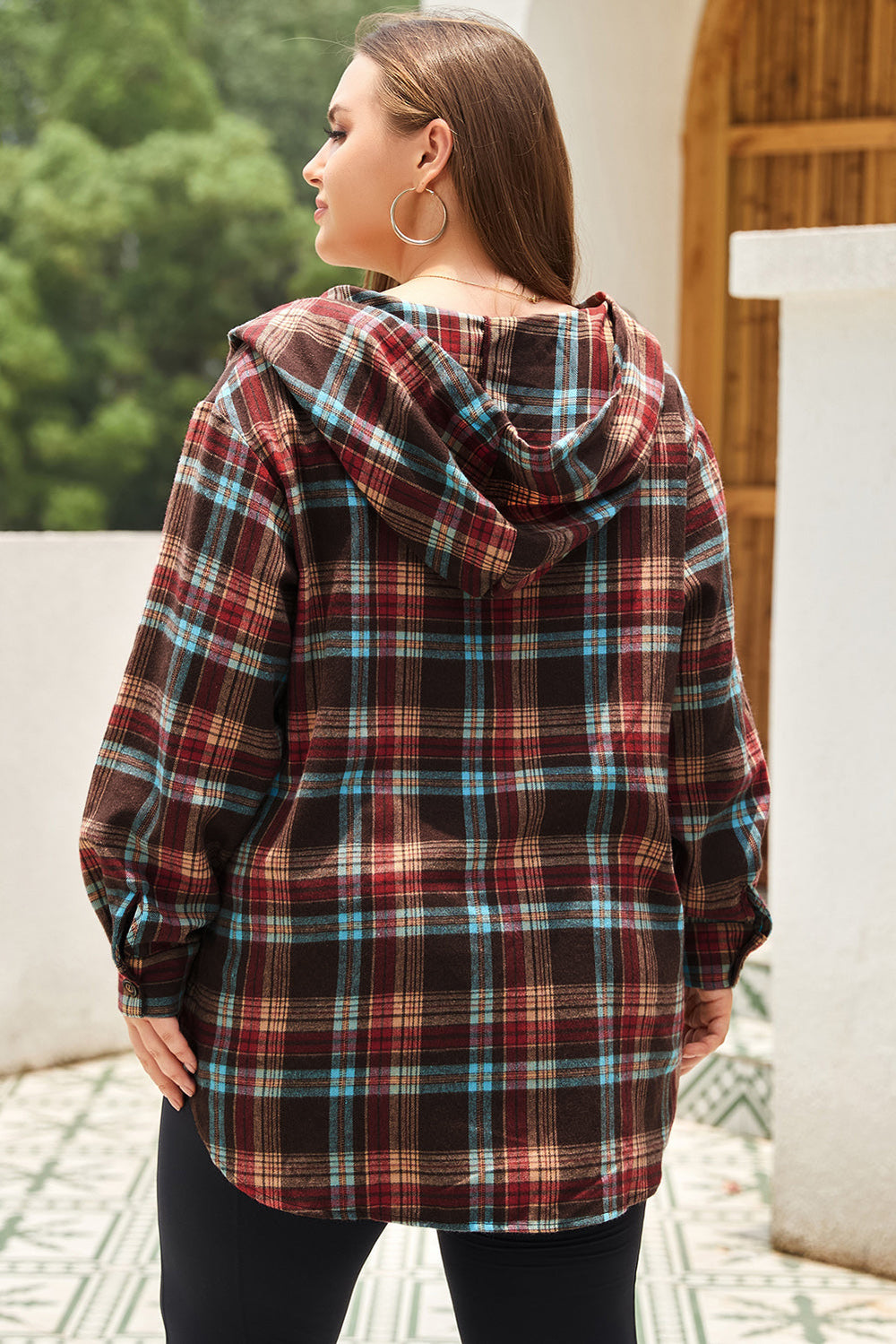 Plus Size Plaid Kangaroo Pocket Drawstring Hoodie