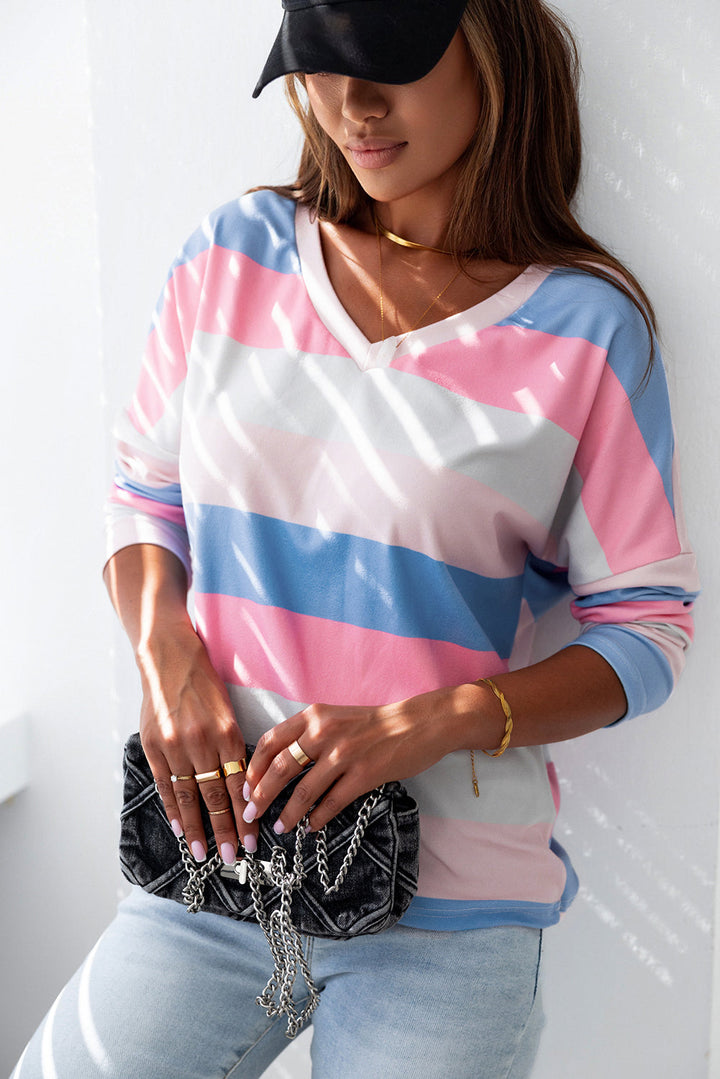 Contrast Striped V Neck Long Sleeve Top