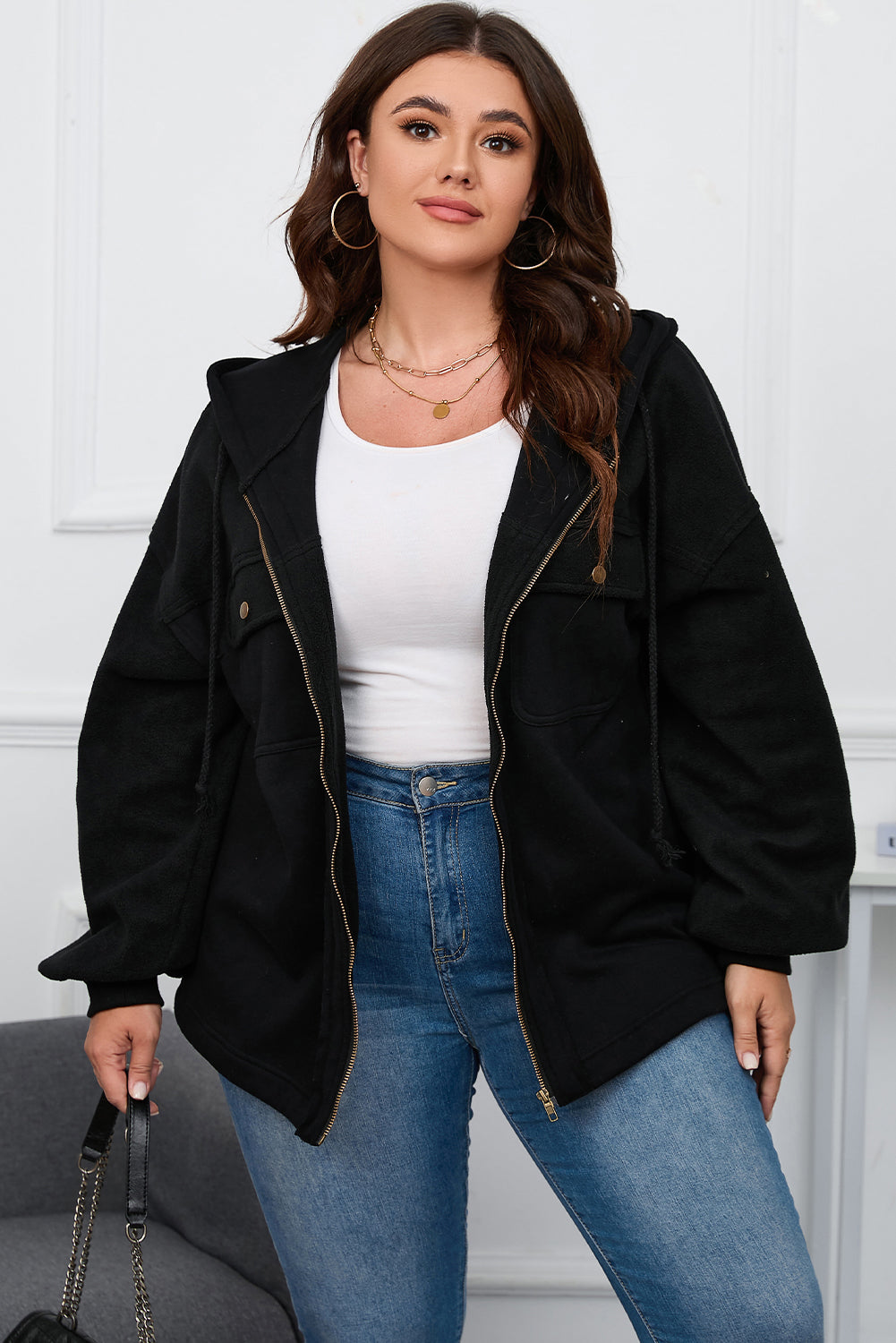 Plus Size Bishop Sleeve Zip Up Hooded Jacket