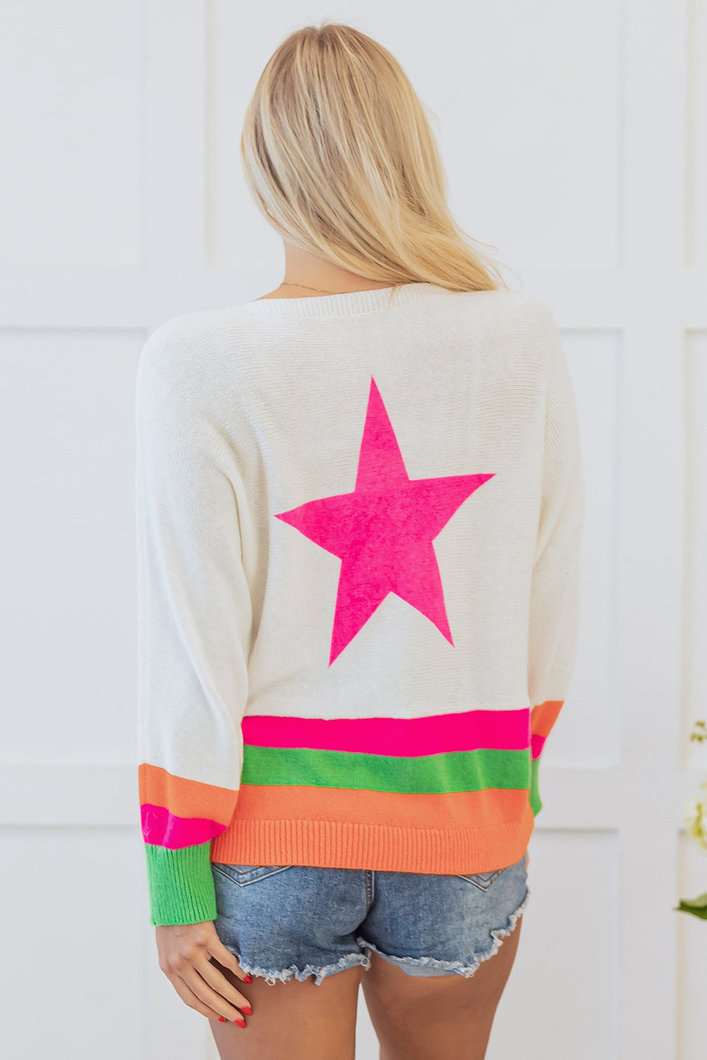 Star Pattern Colorblock Striped Edge Drop Shoulder Sweater