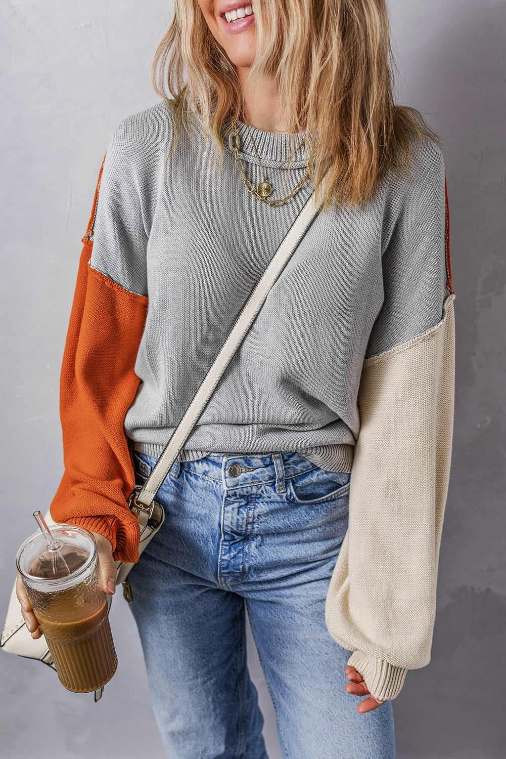 Colorblock Bishop Sleeve Ribbed Trim Sweater