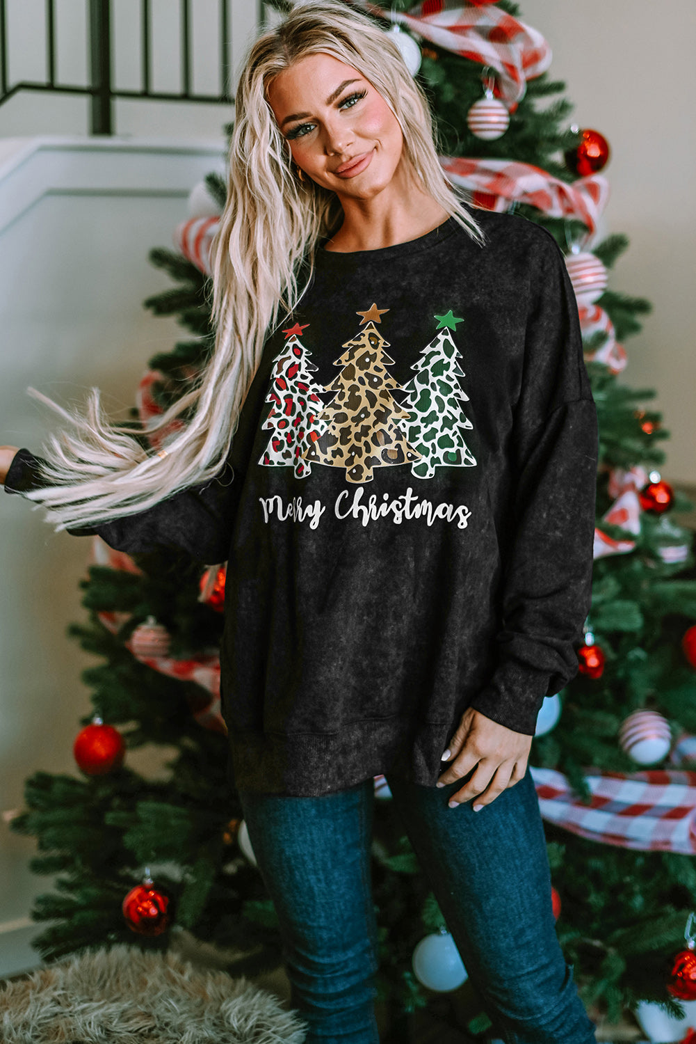 Merry Christmas Leopard Trees Graphic Sweatshirt