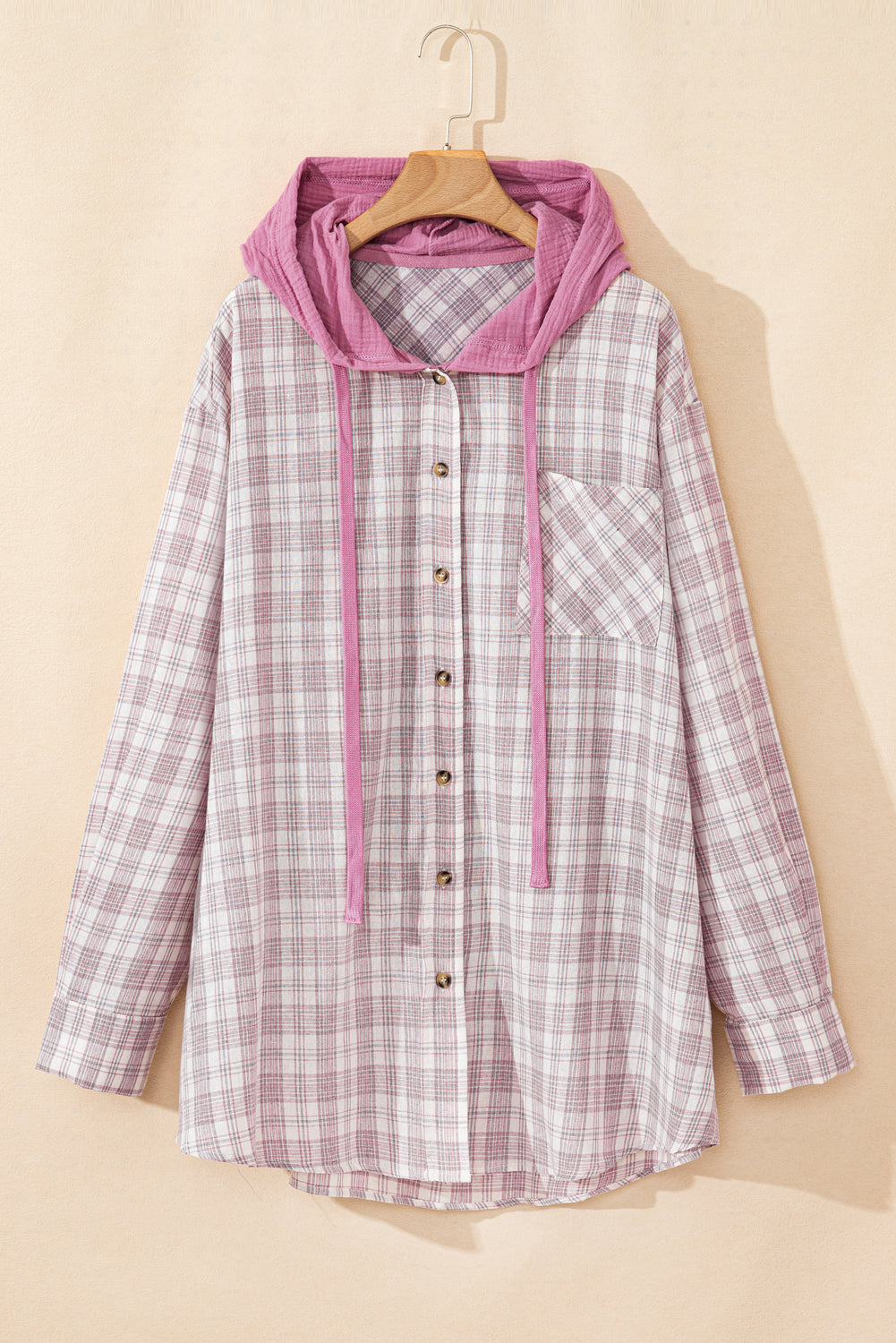 Plaid Print Drawstring Hooded Button-up Plus Size Shirt