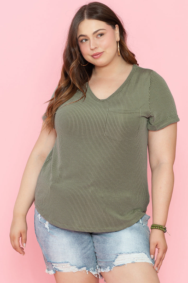 Plus Size Corded V Neck Patch Pocket Tee