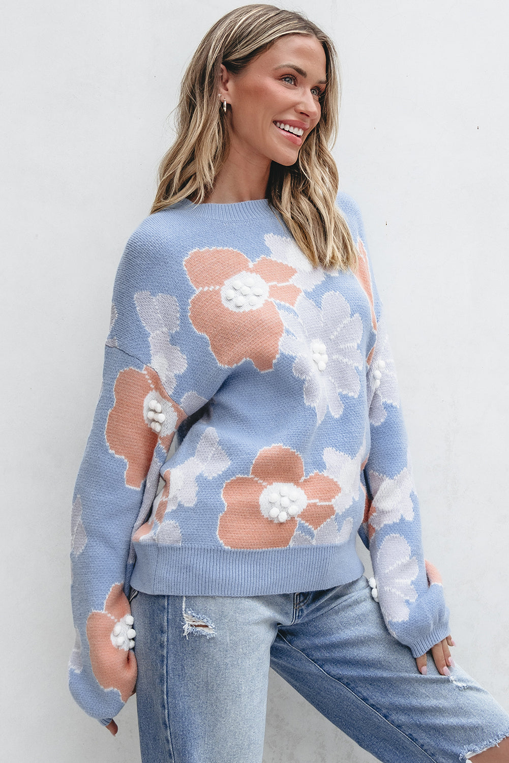 Floral O Neck Drop Shoulder Knitted Sweater