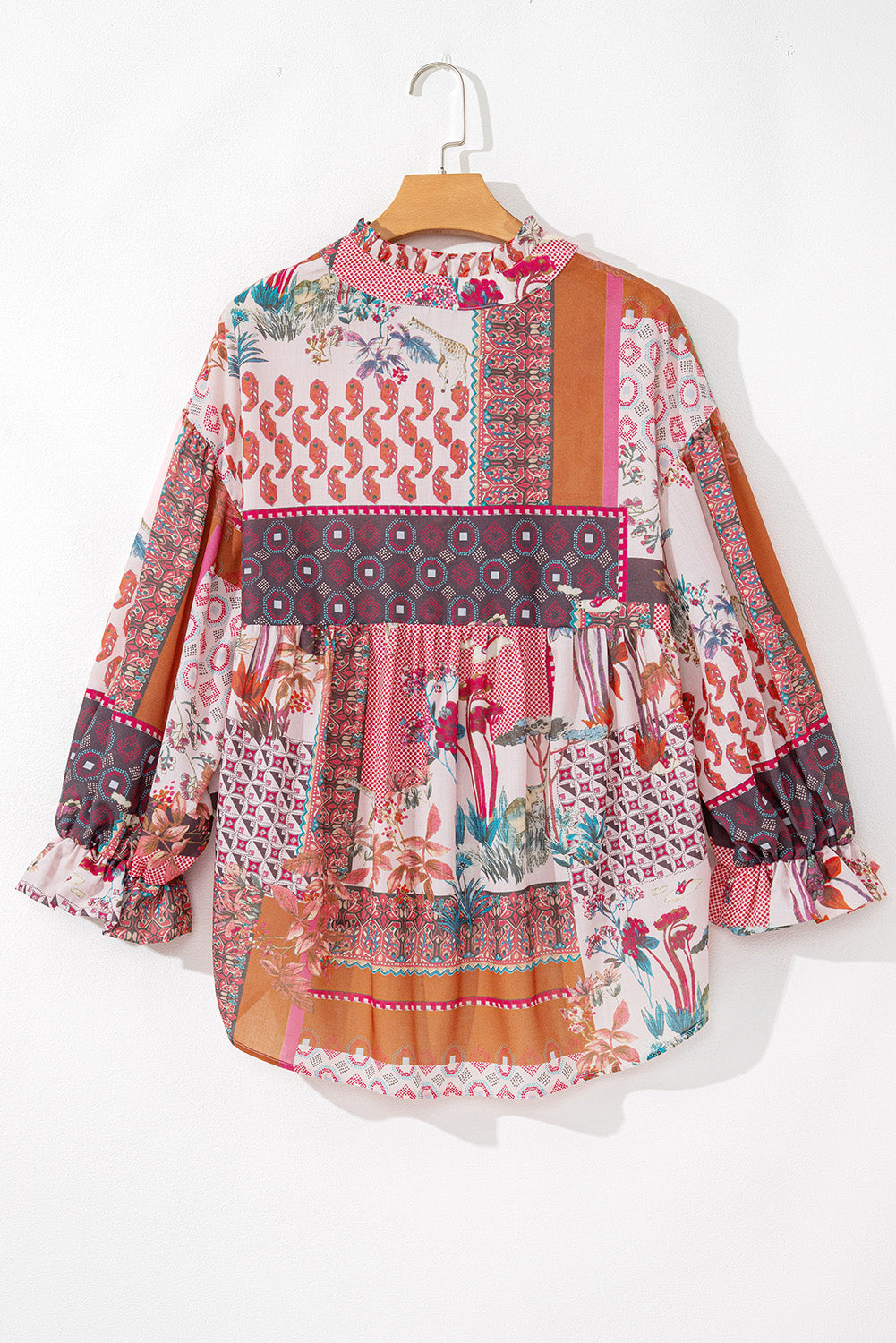 Boho Geometric Mixed Print Patchwork Bubble Sleeve Shirt