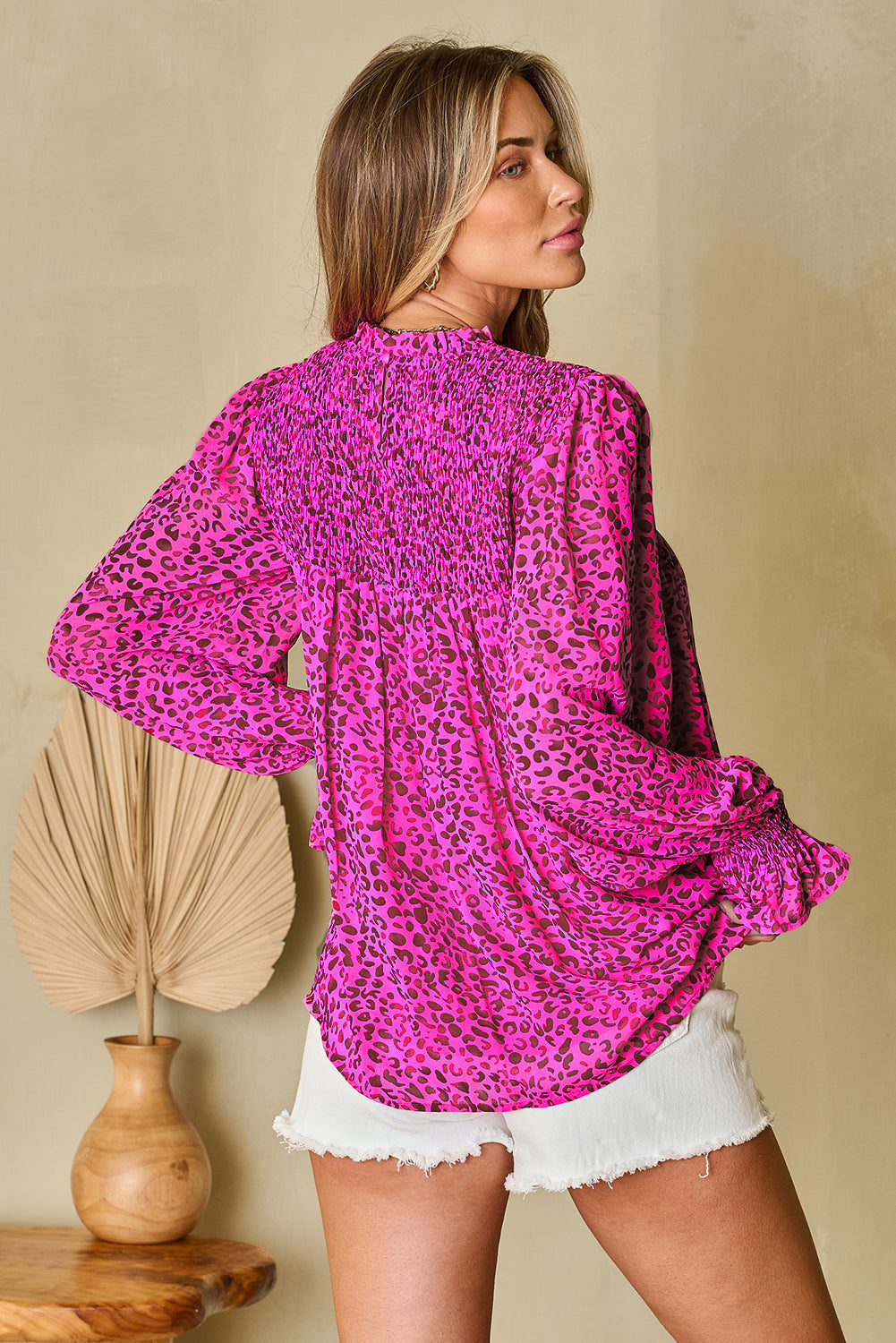 Leopard Shirred Puff Sleeve Flowy Blouse