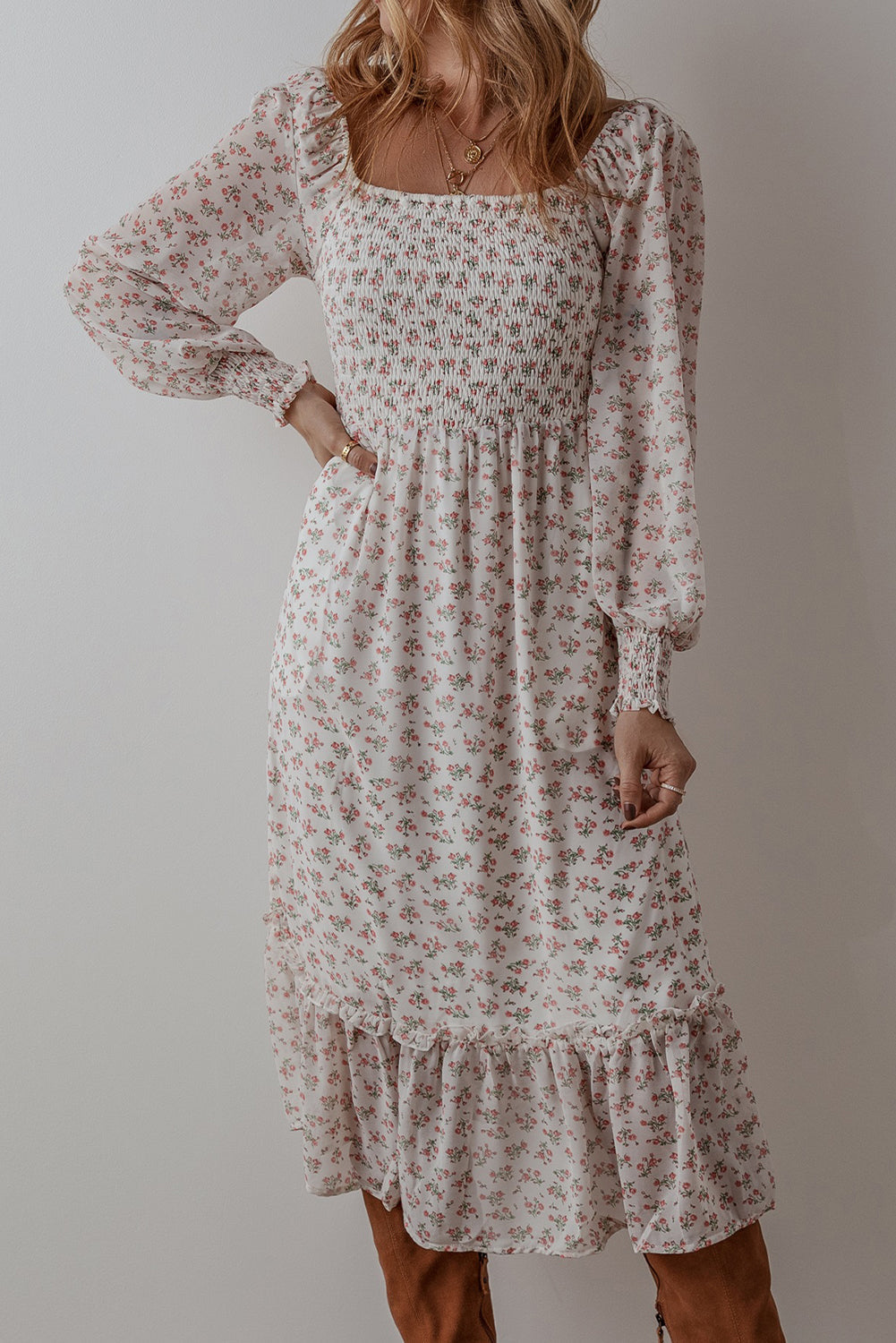 Floral Print Shirred Ruffled Hem Square Neck Midi Dress