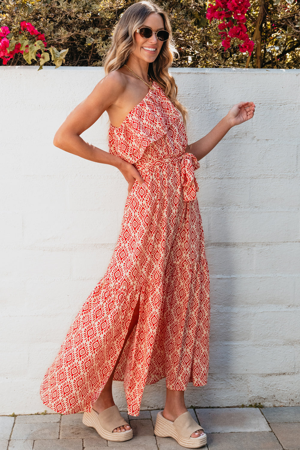 Boho Geometric Print One Shoulder Side Slit Maxi Dress