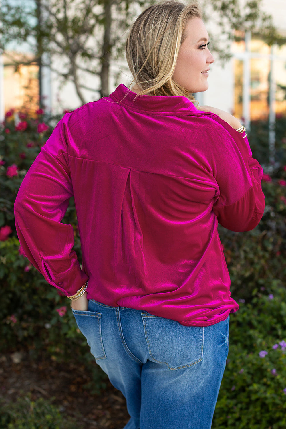 Plus Size Velvet Chest Pocket Drop Shoulder Shirt