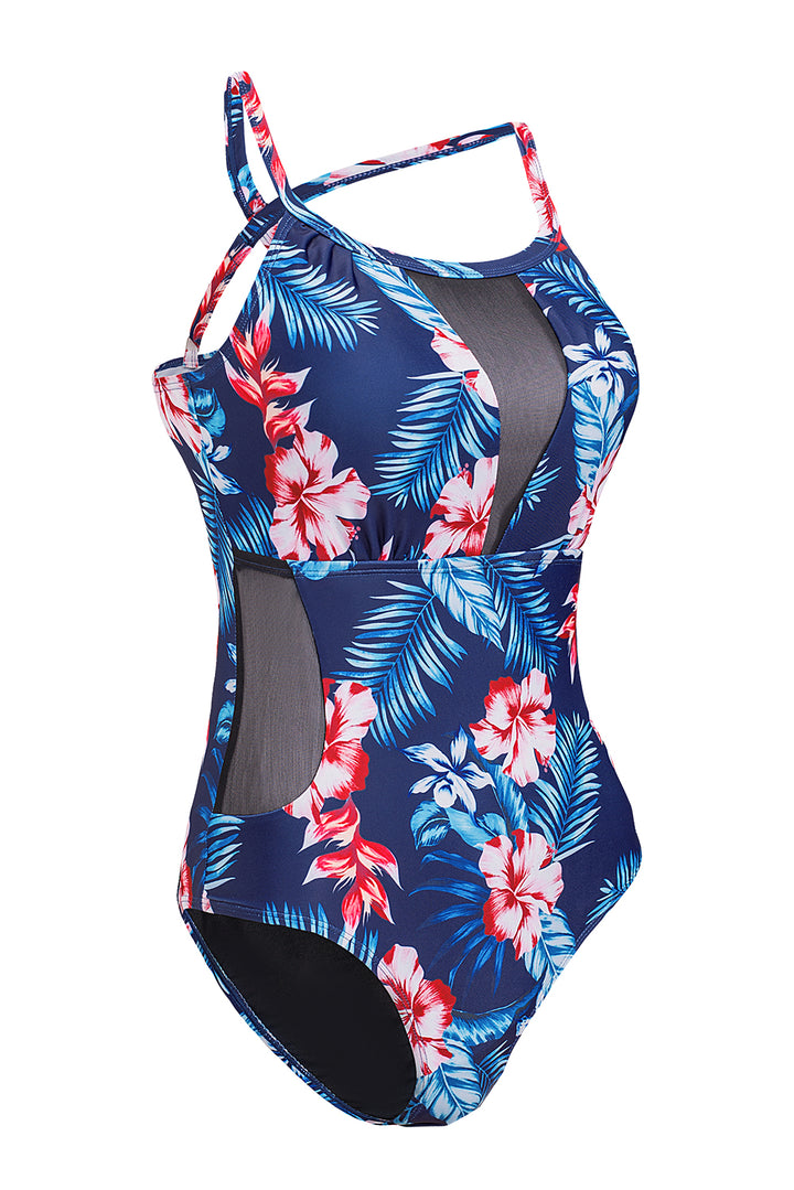 Floral Print Mesh Patchwork Criss Cross One-piece Swimsuit