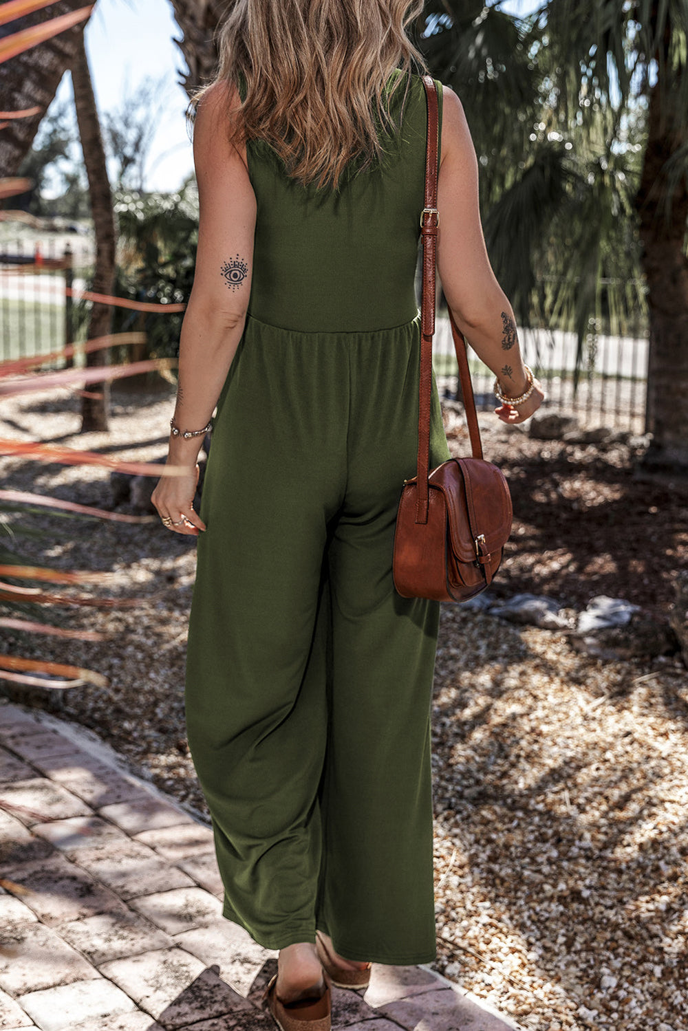 Sleeveless V Neck Ruched Wide Leg Jumpsuit