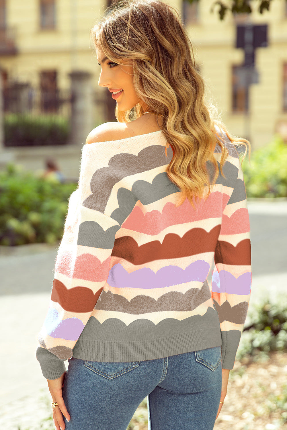 Wave Striped Balloon Sleeve Drop Shoulder Sweater