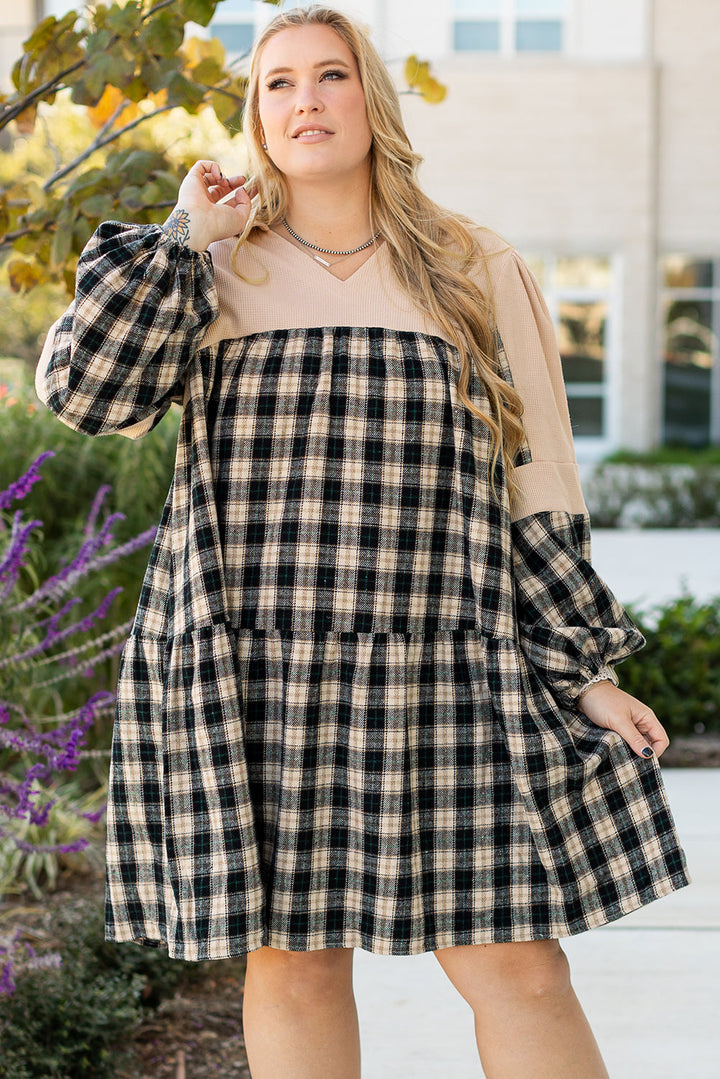 Plaid Waffle Knit Patchwork Collared V Neck Plus Size Mini Dress