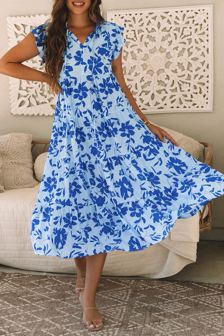 Floral Print Flutter Sleeve Maxi Dress