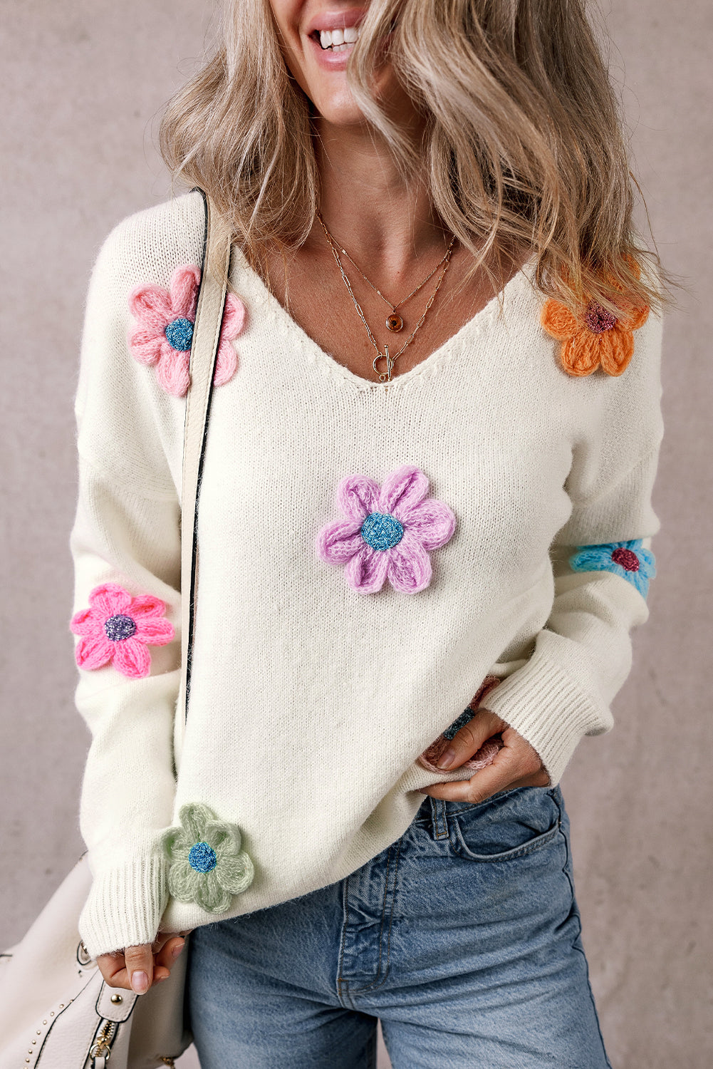 Crochet Flower V Neck Sweater