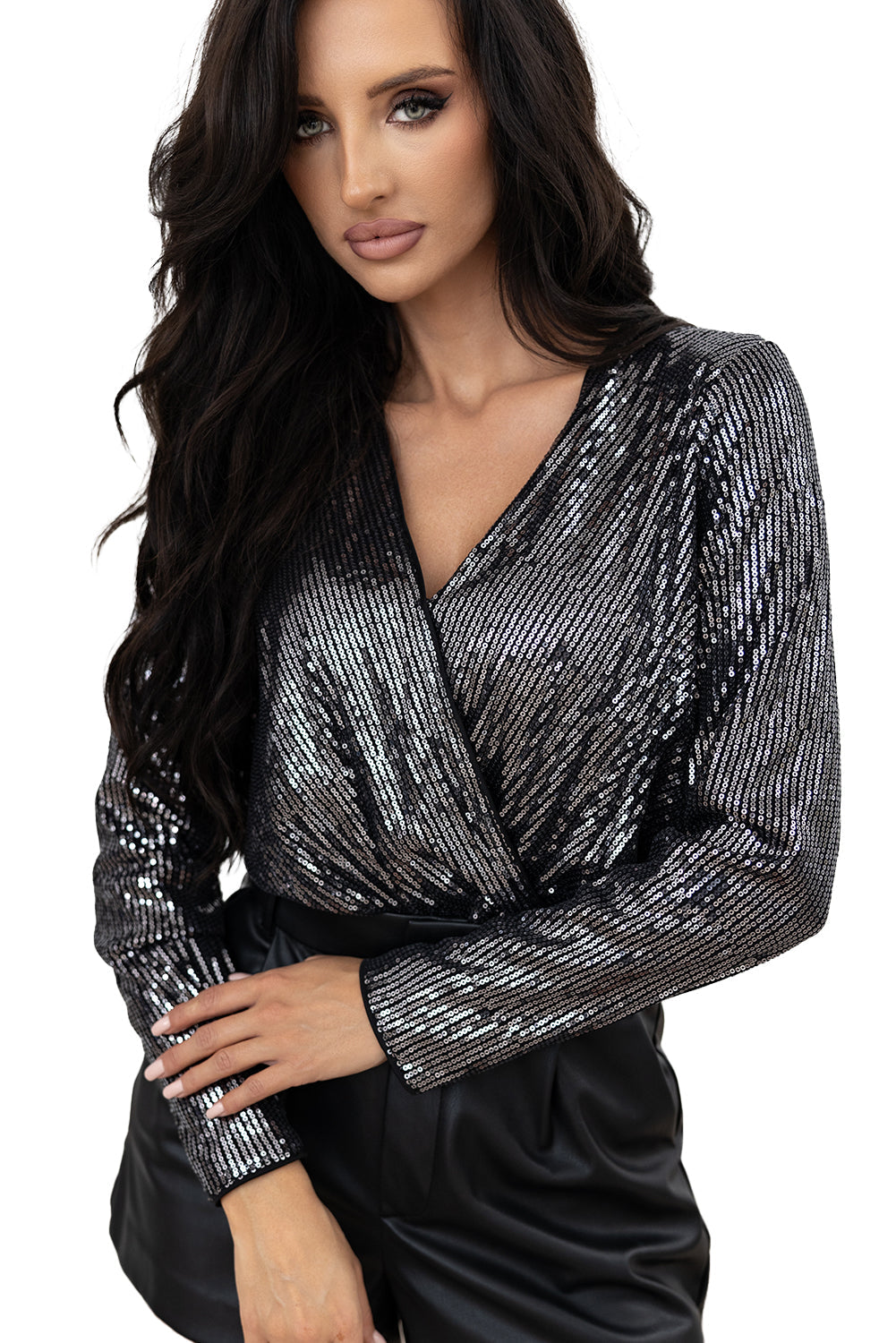 Sequin Mesh Long Sleeve Surplice Neck Bodysuit