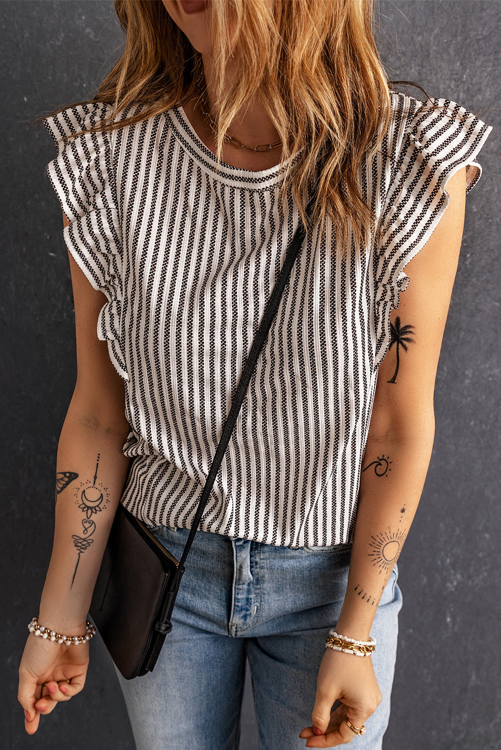 Crew Neck Ruffled Striped Tank Top