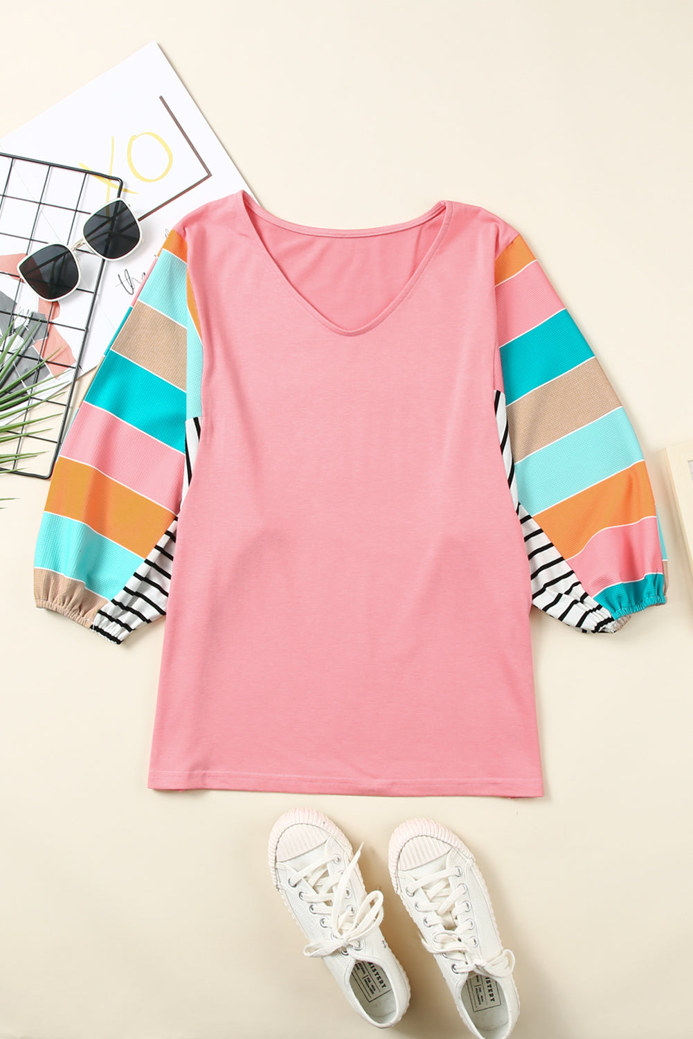 Pink Stripe Color Block Bubble Sleeve Top