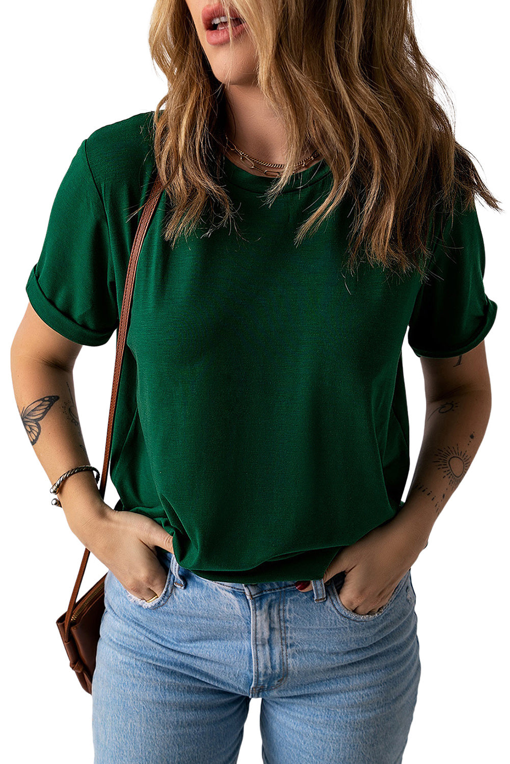 Green Solid Color Crew Neck Tee