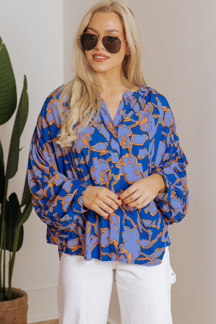 Floral Print Batwing Sleeve Buttoned Loose Fit Shirt