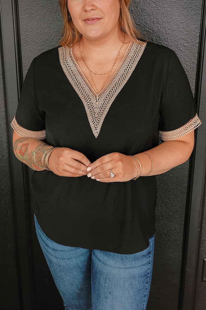 Lace Trim Short Sleeve V Neck Plus Size Top