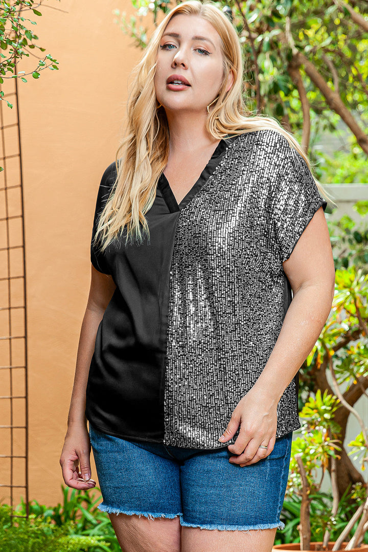 Plus Size Sequined Patchwork V Neck Tee