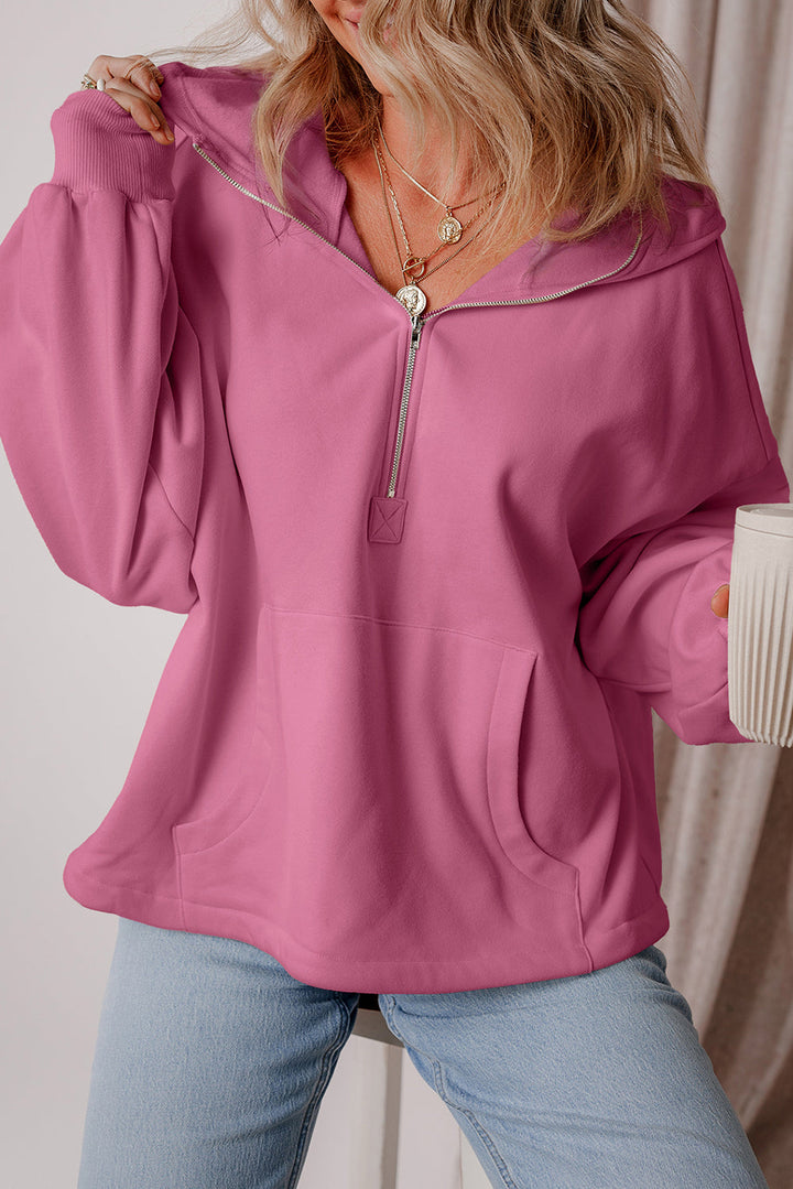 Fleece Lined Half Zipper Kangaroo Pockets Loose Hoodie