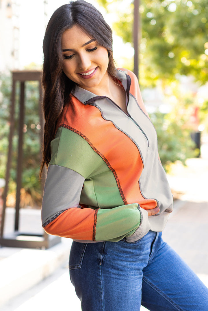 Color Block Stitching Detail Half Zipper Sweatshirt