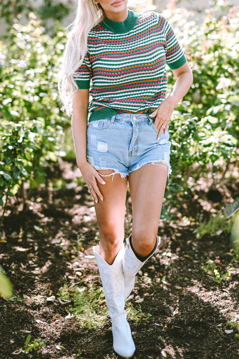 Striped Pattern Contrast Trim Pointelle Knit T Shirt