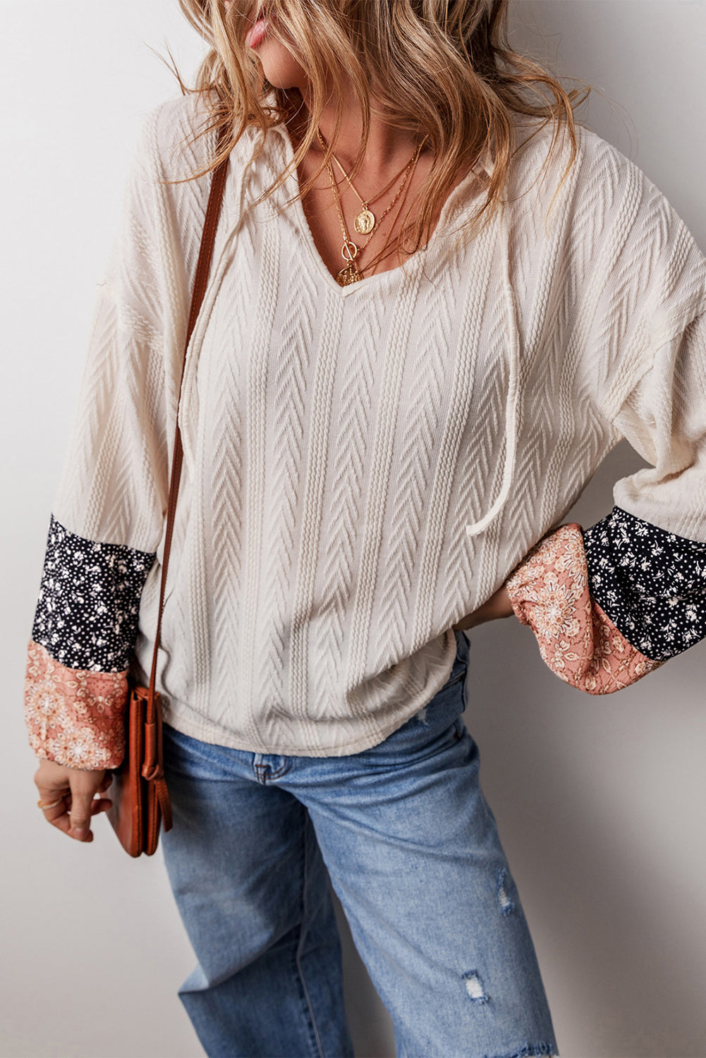 Floral Patchwork Textured Knit Drawstring V Neck Blouse