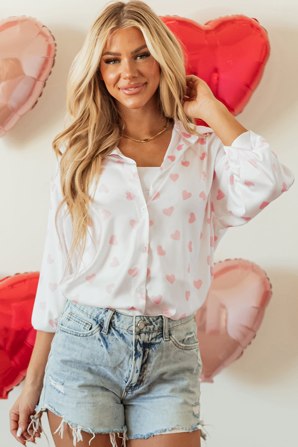 Love Heart Print Drop Shoulder Puff Sleeve Shirt