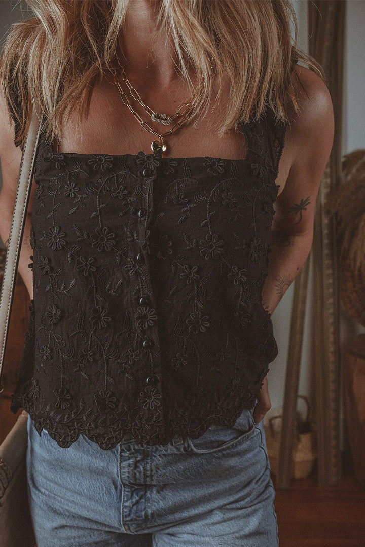 Floral Embroidered Buttoned Square Neck Tank Top