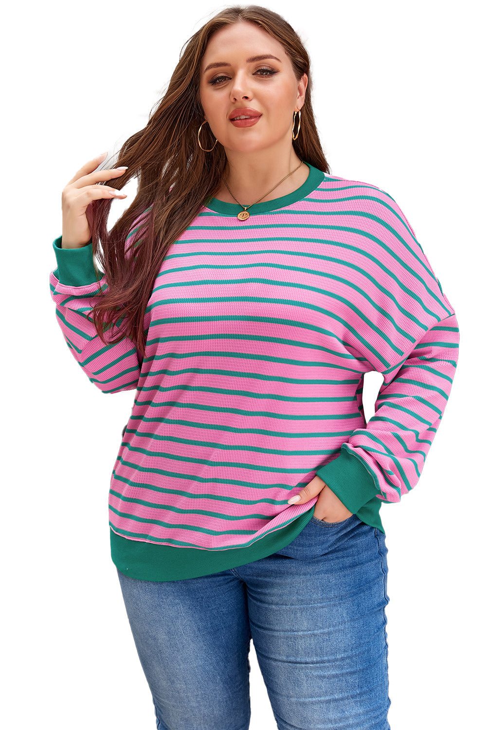 Waffle Knit Crew Neck Plus Size Sweatshirt