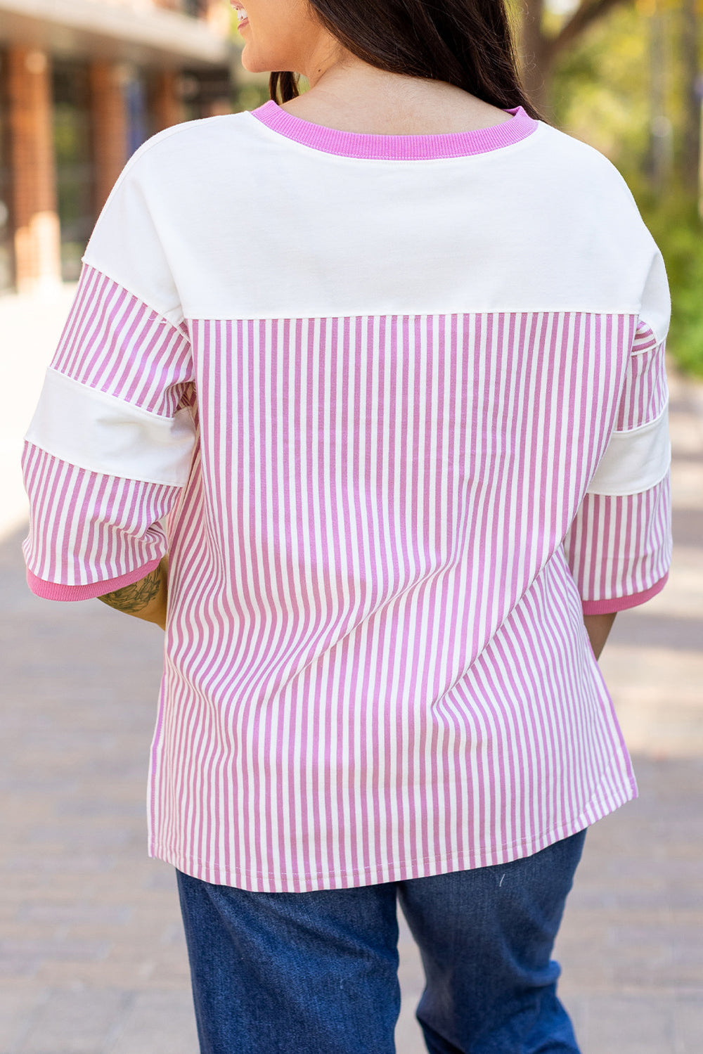 Striped Patchwork 3/4 Sleeve Casual Top