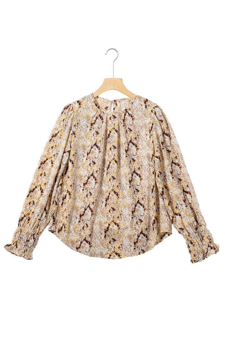 Glitter Snake Grain Pleated Round Neck Blouse