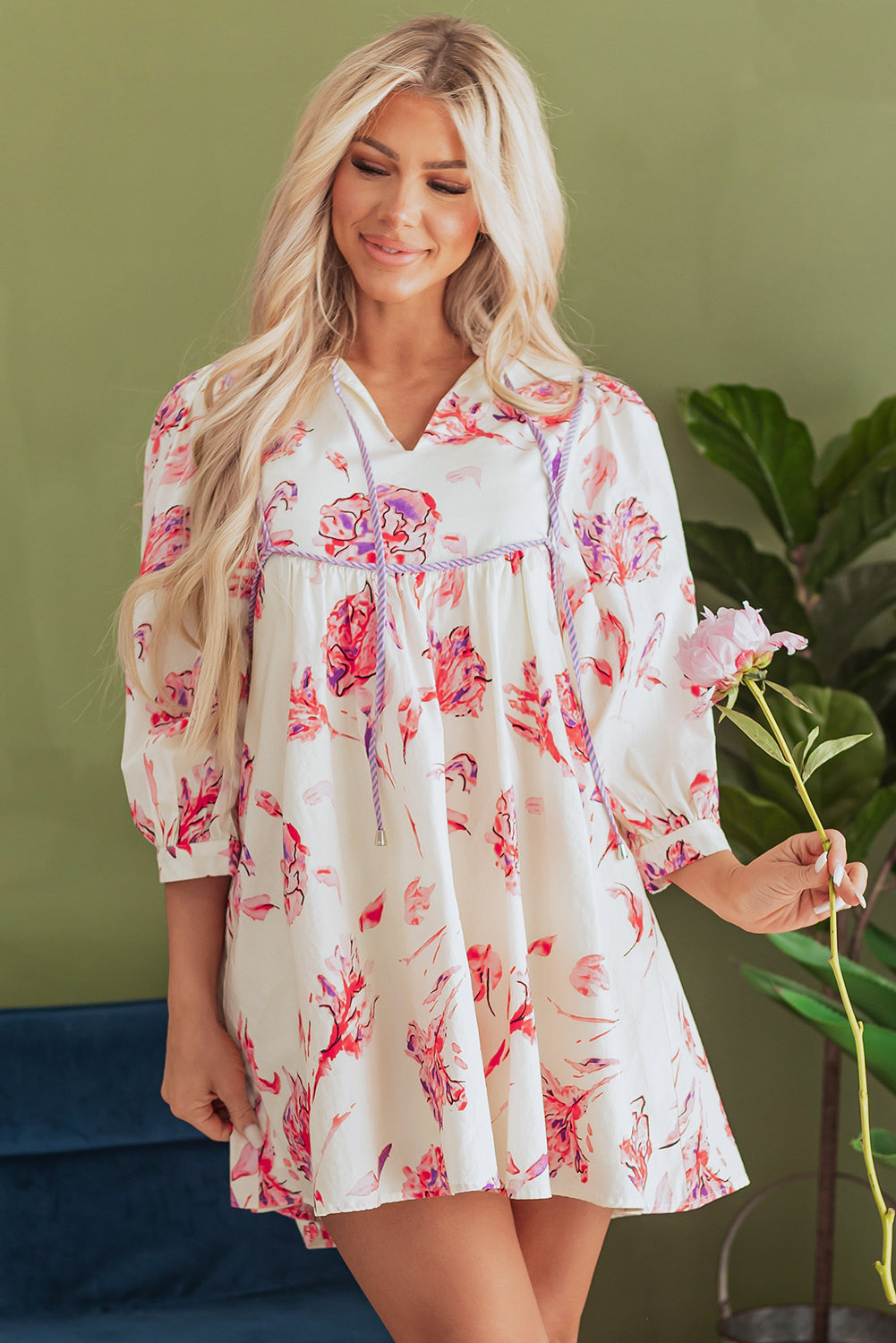 Floral Print Balloon Sleeve V Neck Babydoll Mini Dress